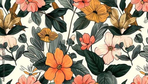 Vintage floral pattern illustration. Colorful organic nature design in seamless style. Spring season decoration with abstract flower art.