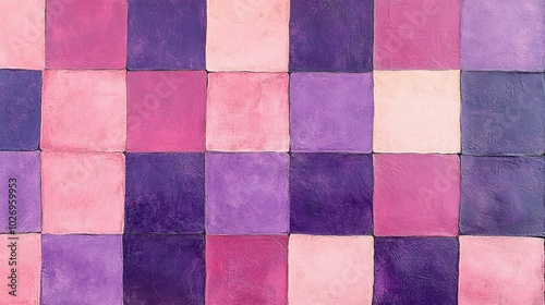 Colorful squares in shades of violet and pink, forming a bold, geometric pattern with a vibrant tile-like texture.