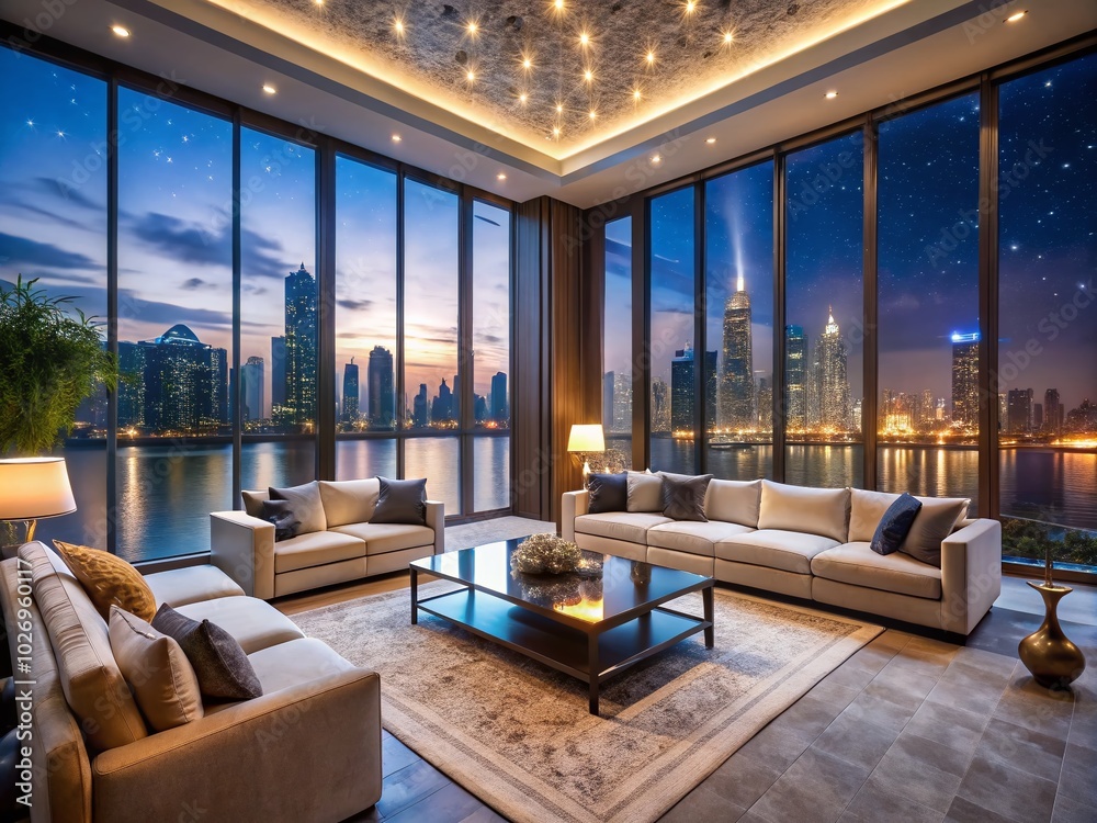 Luxurious Indoor Oasis in Dubai with City Skyline Night View and Elegant Furniture Luxurious Indoor Oasis in Dubai with City Skyline Night View and Elegant Furniture