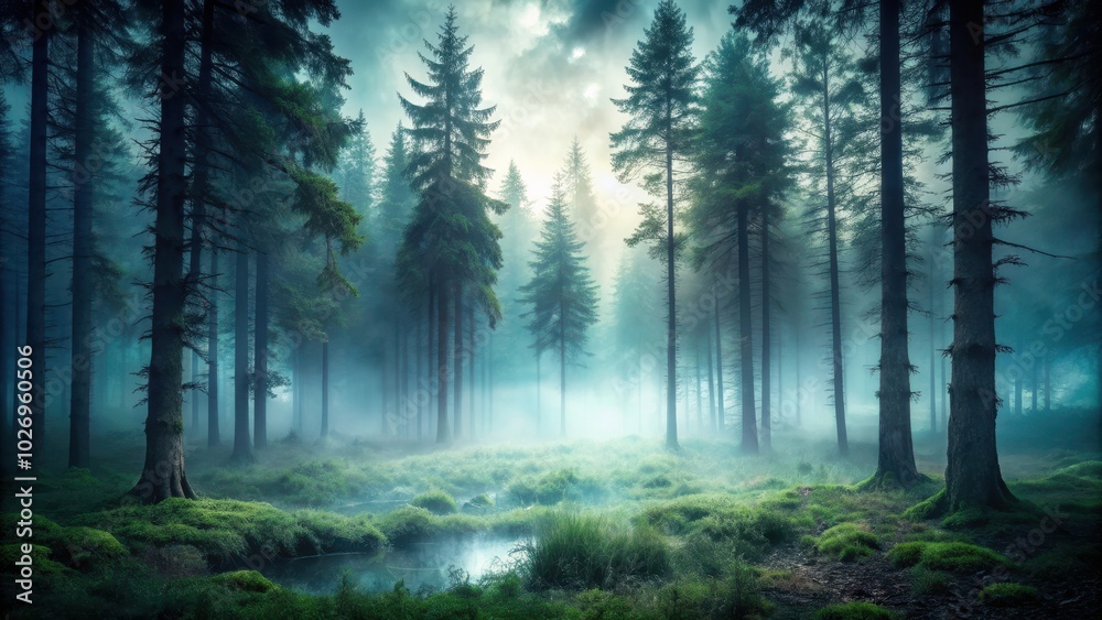 Fototapeta premium Mysterious and moody forest landscape with foggy echoes of enigma , mystery, enigma, fog, mist, forest, trees, surreal