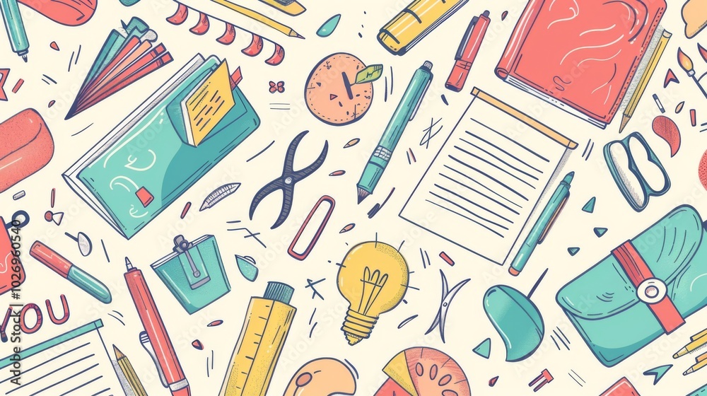 A detailed seamless pattern showcasing hand-drawn school supplies like pens, compasses, glue sticks, and notepads, rendered in a vector style, ideal for educational and back-to-school A detailed seamless pattern showcasing hand-drawn school supplies like pens, compasses, glue sticks, and notepads, rendered in a vector style, ideal for educational and back-to-school