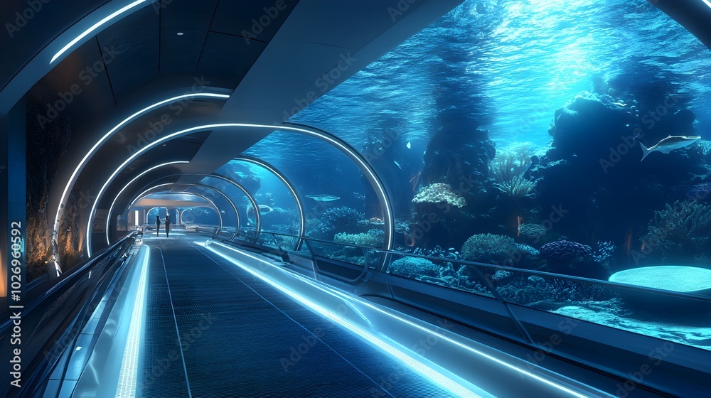 Fototapeta premium A futuristic marine conservation facility with streamlined design, highlighting interactive digital exhibits and neon-lit underwater pathways that guide guests through a captivating aquatic 