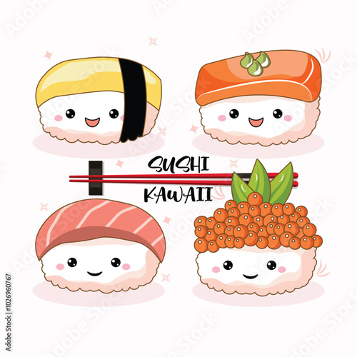 A cute collection of kawaii-style sushi with smiling faces in vector illustration. Food and cartoon character.