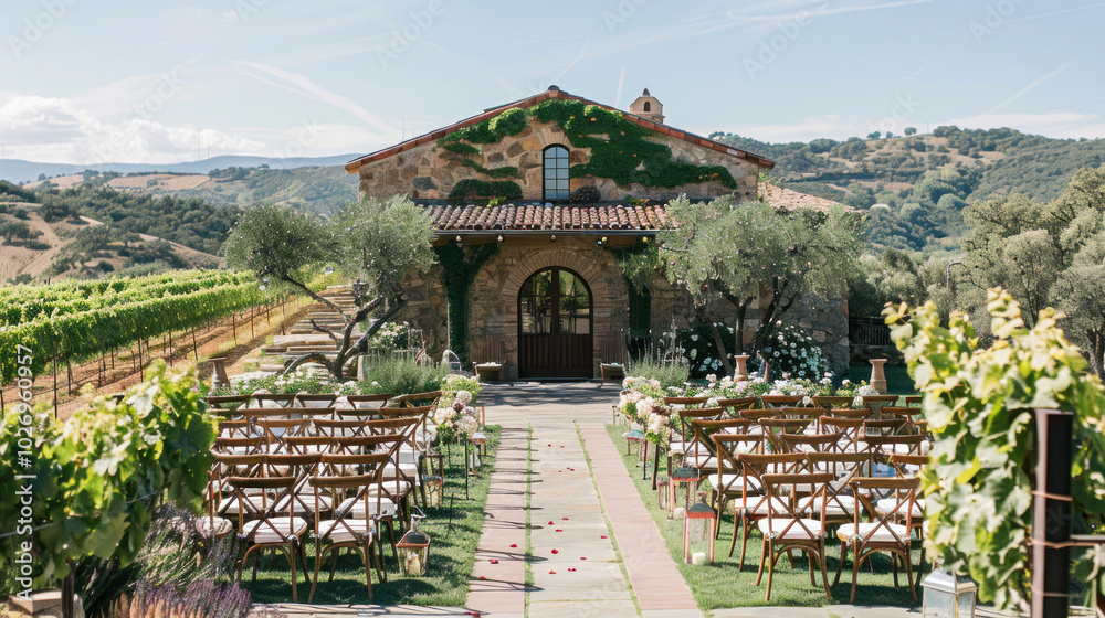 Obraz premium A vineyard wedding venue with rolling hills, grapevines, and a stone building as the backdrop for a beautiful outdoor ceremony.