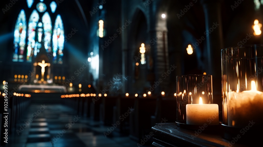Lit candles in a dimly lit church with a stained glass window and an altar in the background. Lit candles in a dimly lit church with a stained glass window and an altar in the background.