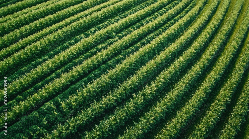 A lush green farm with neat rows of crops stretching into the horizon, representing sustainable agriculture. A lush green farm with neat rows of crops stretching into the horizon, representing sustainable agriculture.