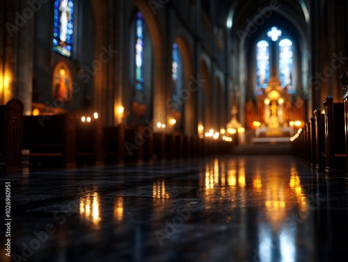 Interior view of a church with stained glass windows and candlelight reflecting on the floor.