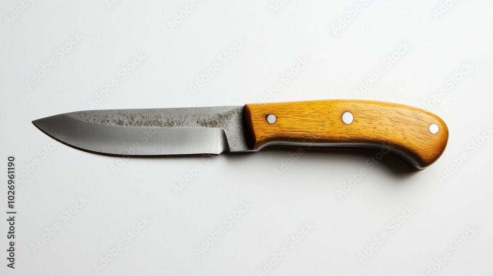 A stainless steel knife with a wooden handle, suitable for various cutting tasks. A stainless steel knife with a wooden handle, suitable for various cutting tasks.