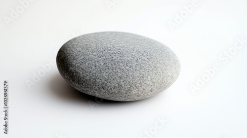 Minimalist image of a round gray pebblestone isolated on a clean white background, focusing on simplicity and natural form