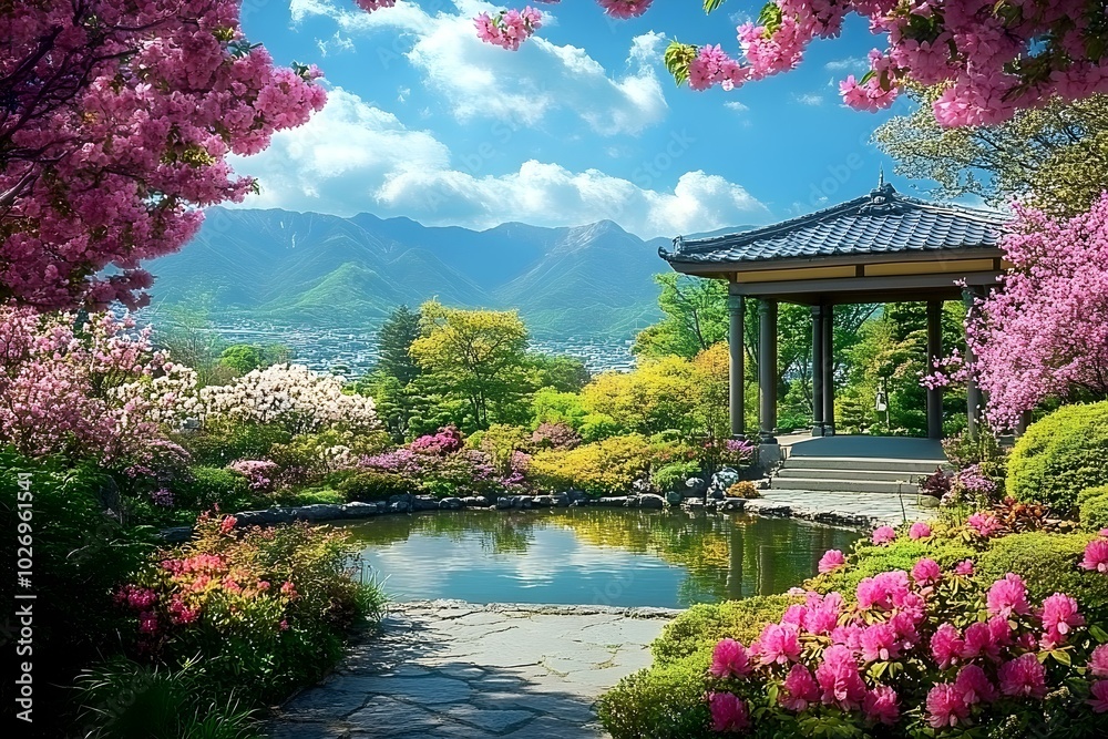 Serene Garden Oasis with Blossoming Flowers and Majestic Mountains