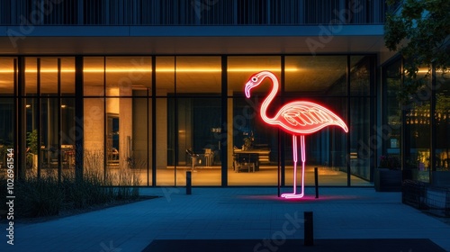 Neon flamingo sign lighting up in front of a sleek modern building, capturing the mix of retro style and contemporary design.