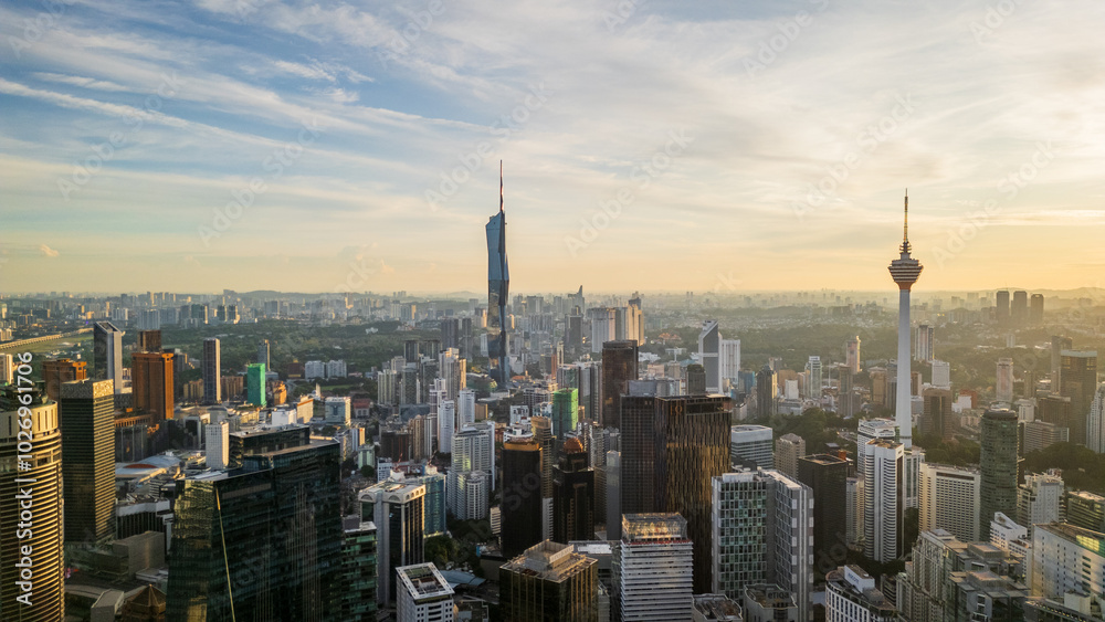 Obraz premium Aerial skyline at sunset cityscape of smart city in Kuala Lumpur, Malaysia on 11 October 2024