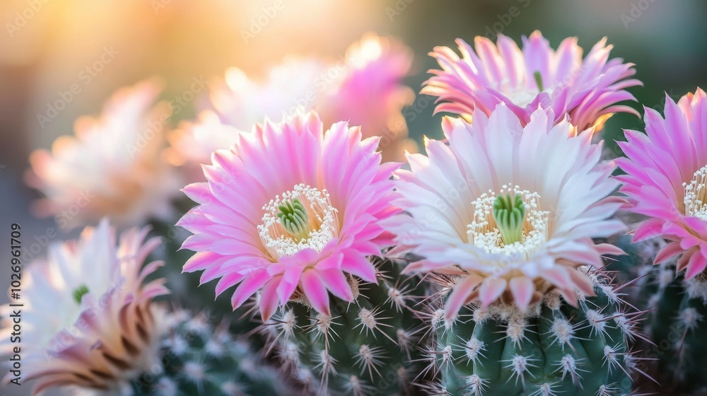 Pink and white flowers bloom on a cactus plant, contrasting against its spines, creating a beautiful, vibrant desert scene. Pink and white flowers bloom on a cactus plant, contrasting against its spines, creating a beautiful, vibrant desert scene.