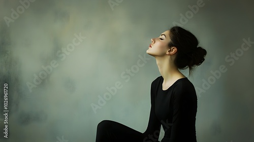 A striking minimalist artistic photograph of a model exuding sensuality through a subtle pose, set against a plain background that allows the viewer to focus on the body language and emotional 