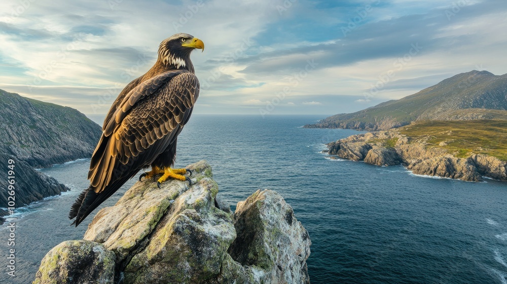 Fototapeta premium A majestic eagle perched on a rocky outcrop, with the ocean stretching out below