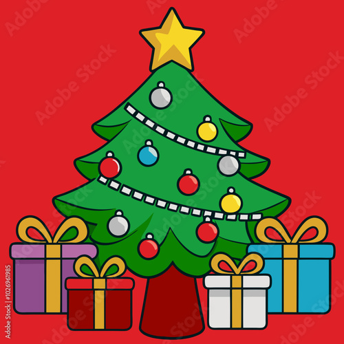 Green fir tree adorned with gold ornaments and twinkling lights stands tall, surrounded by wrapped presents beneath a shining star