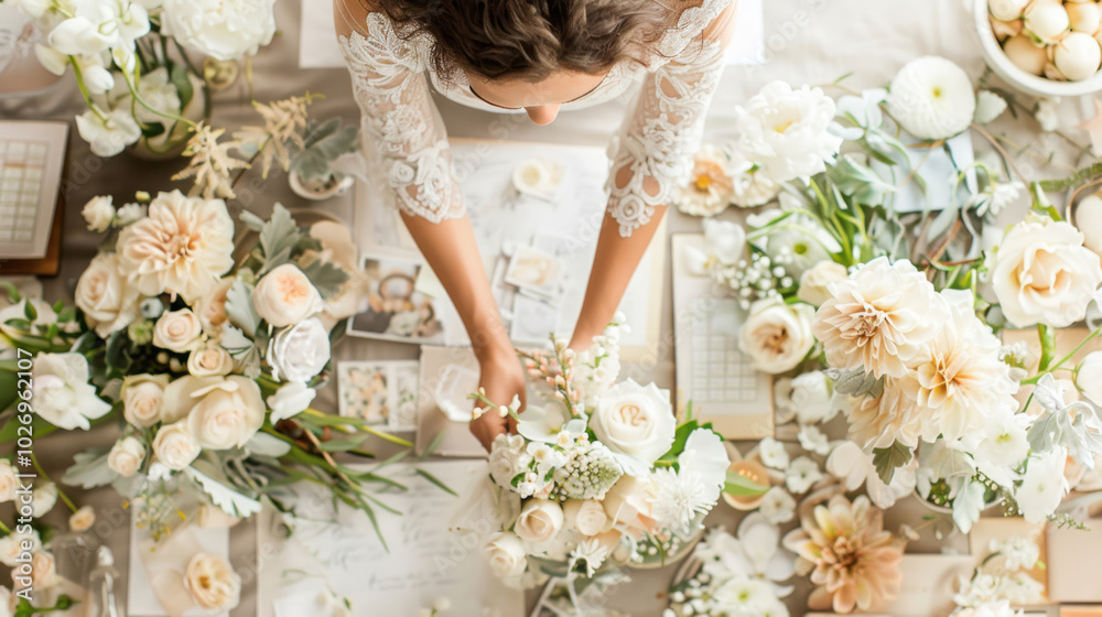 A wedding planner organizing seating charts, floral arrangements, and timelines on a stylish table surrounded by mood boards.