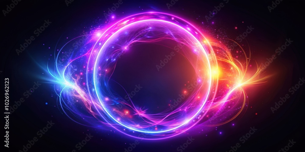 Abstract neon energy sphere with magical glowing on dark background, circle and loop frames with purple and pink flame and sparks Abstract neon energy sphere with magical glowing on dark background, circle and loop frames with purple and pink flame and sparks