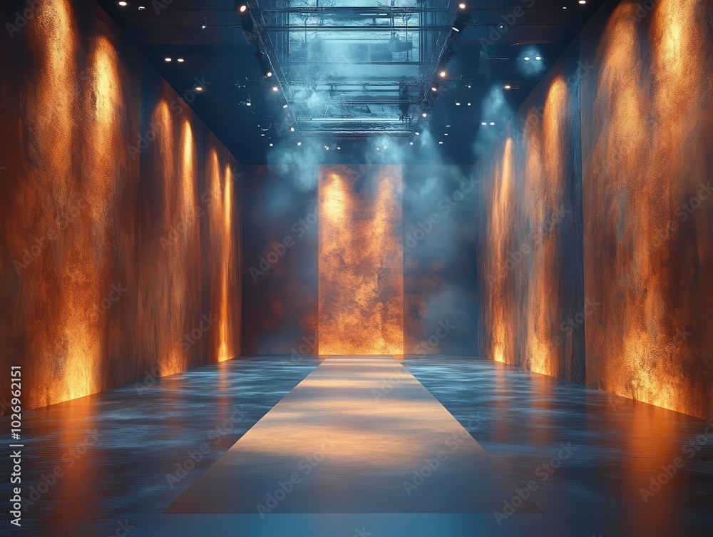 an empty floodlit catwalk set for a fashion show, with a sleek and modern backdrop, inviting anticipation for the trendy style event, capturing the excitement and glamour of the fashion industry an empty floodlit catwalk set for a fashion show, with a sleek and modern backdrop, inviting anticipation for the trendy style event, capturing the excitement and glamour of the fashion industry