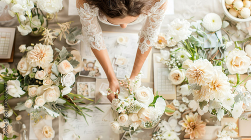 Obraz na płótnie A wedding planner organizing seating charts, floral arrangements, and timelines on a stylish table surrounded by mood boards. w salonie