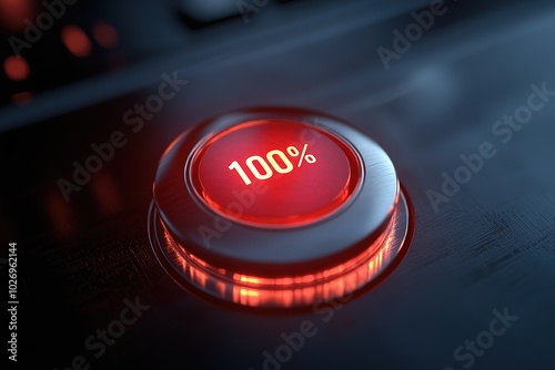 3D rendered glowing red button with the words "100%" symbolizes urgency, immediate action, response, and the importance of taking swift decisive steps