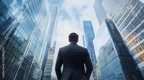 Businessman Looking Up at Tall Glass Buildings in a City