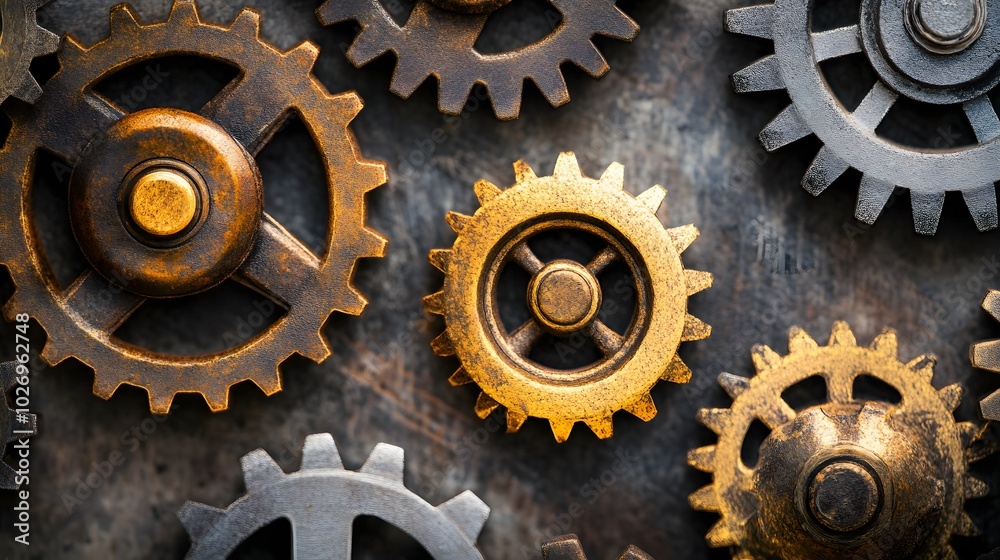 Close-up of Interlocking Rusty and Gold Gears Close-up of Interlocking Rusty and Gold Gears