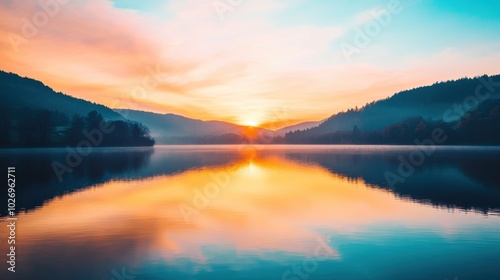 Wallpaper Mural Serene sunset over a tranquil lake, reflecting vibrant colors and surrounding hills. Torontodigital.ca