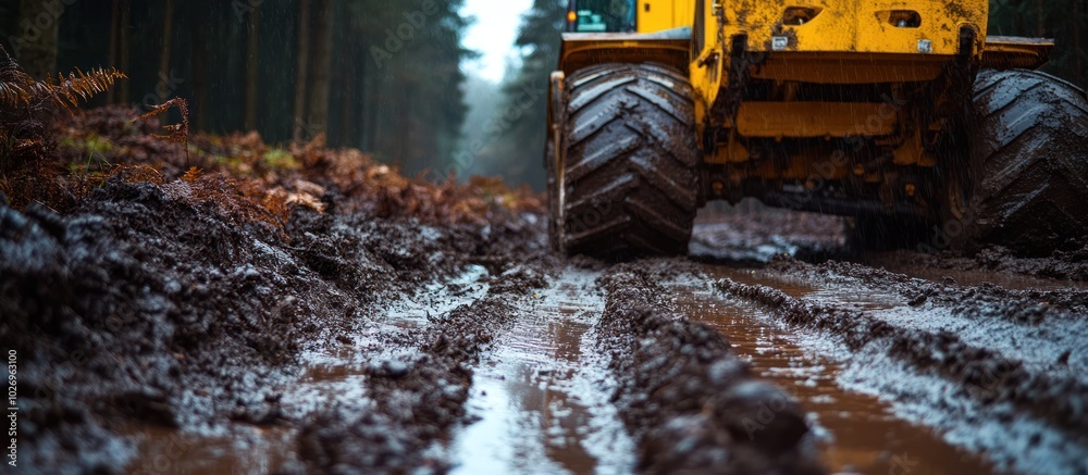 Close-up of muddy tire tracks left by a heavy machinery vehicle driving through a forest. Close-up of muddy tire tracks left by a heavy machinery vehicle driving through a forest.