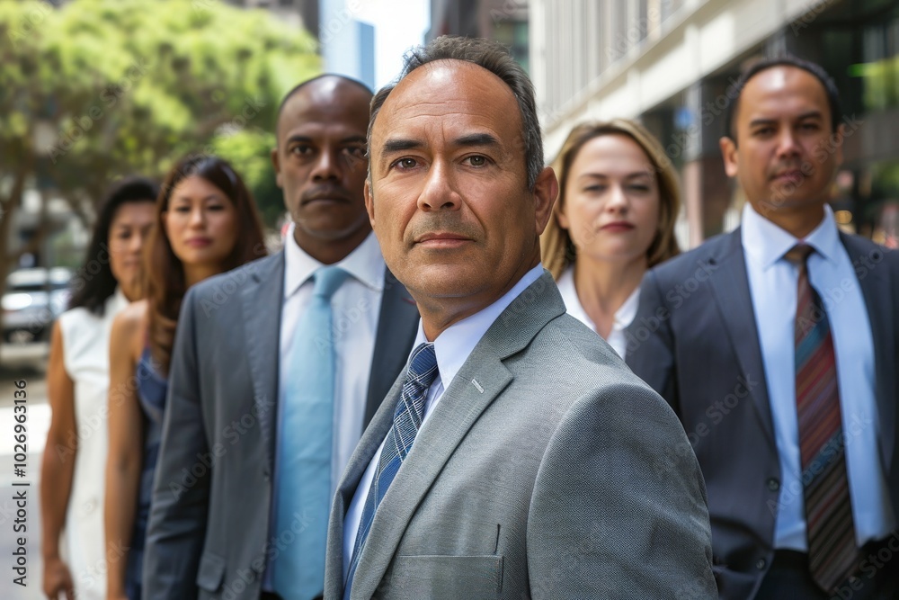 Portrait of middle-aged Indian businessman in front of his team Portrait of middle-aged Indian businessman in front of his team