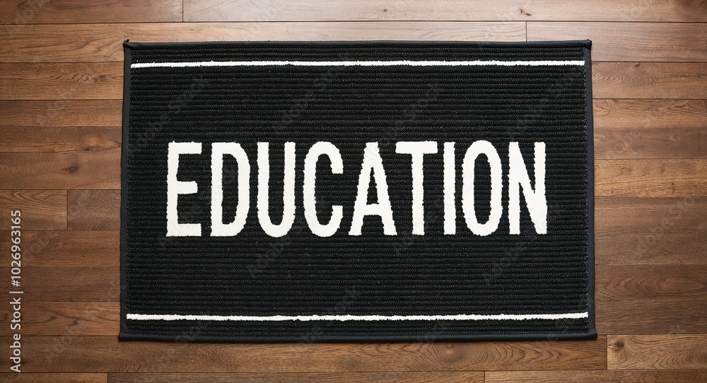 education text on mat rug in wooden floor background