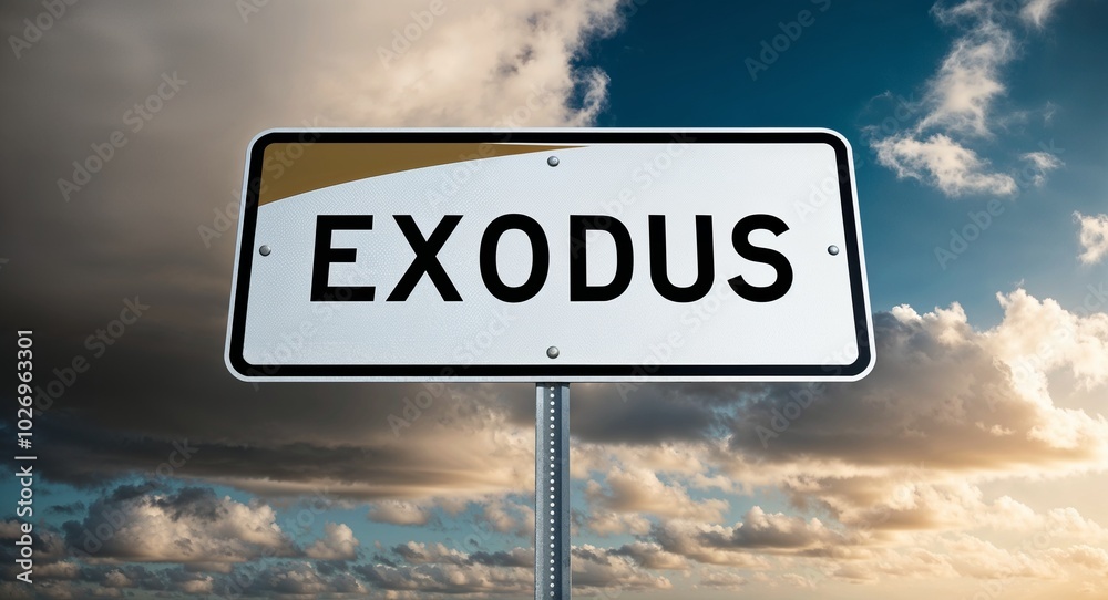 Obraz premium Exodus text on road sign with clouds and sky background