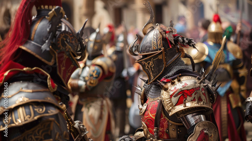 Cosplayers at a fantasy festival, in intricate armor and magical costumes, battling in a live-action role-playing tournament set in a medieval world. photo