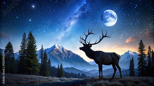 Majestic bull elk bugling under a starry sky in the Rocky Mountains, echoing through the night, creating a haunting melody that resonates with photo