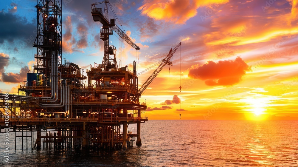 Oil Rig Platform at Sunset Over the Ocean Oil Rig Platform at Sunset Over the Ocean