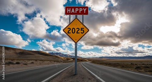 happy 2025 text on road sign with clouds and sky background