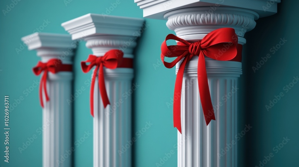 White columns with red string ribbons against a blue wall, designed for ...