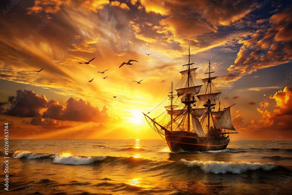Majestic Gold Pirate Ship Sailing the Open Seas at Sunset Majestic Gold Pirate Ship Sailing the Open Seas at Sunset