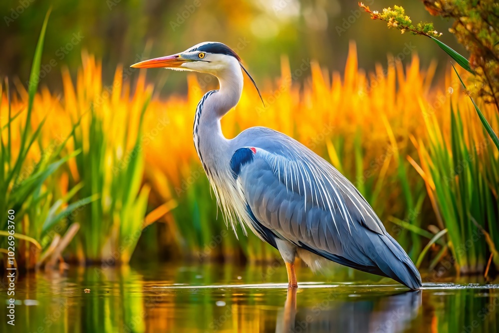 Majestic grey heron skillfully hunts amidst lush reeds, showcasing nature's beauty in a stunning panoramic photograph that captures the essence of Majestic grey heron skillfully hunts amidst lush reeds, showcasing nature's beauty in a stunning panoramic photograph that captures the essence of