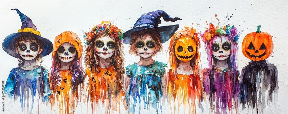 Colorful, artistic depiction of children dressed in Halloween costumes with skeleton face paint and vibrant accessories, celebrating the spirit of the season. Colorful, artistic depiction of children dressed in Halloween costumes with skeleton face paint and vibrant accessories, celebrating the spirit of the season.