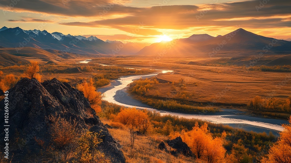 Fototapeta premium A stunning high-resolution photograph capturing a vast golden landscape with sparkling rivers and rugged mountains, illuminated by the vibrant colors of a setting sun, evoking a sense of wonder 