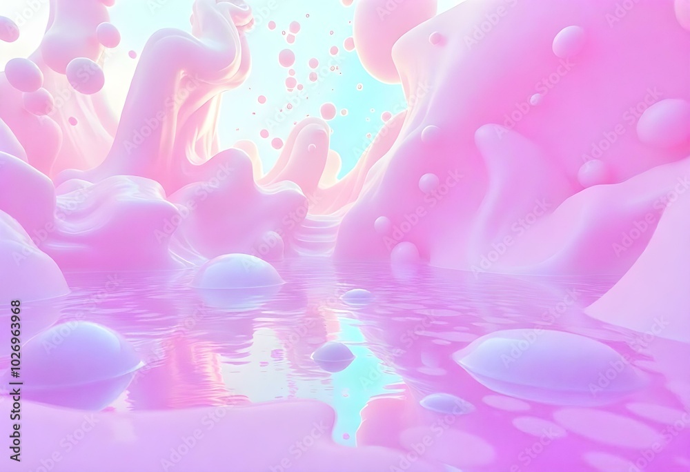 Naklejka premium A dreamy, abstract landscape with soft, pastel-colored clouds and bubbles floating in a hazy, ethereal environment