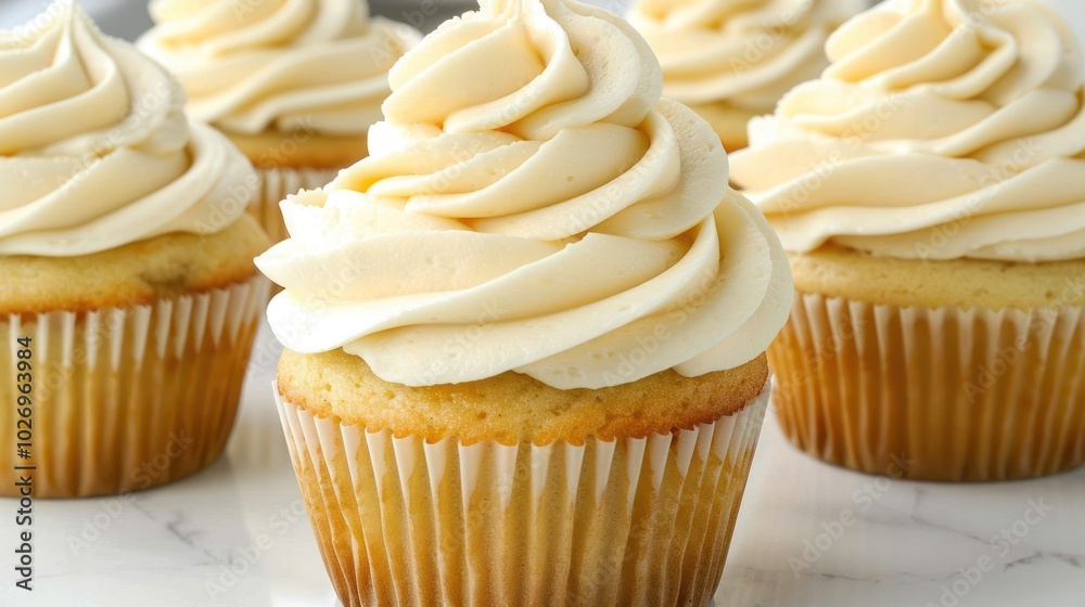 Four Vanilla Cupcakes with Swirled Frosting on a Marble Countertop Four Vanilla Cupcakes with Swirled Frosting on a Marble Countertop