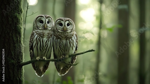 A pair of owls perched together on a branch in a forest, with soft light filtering through the trees