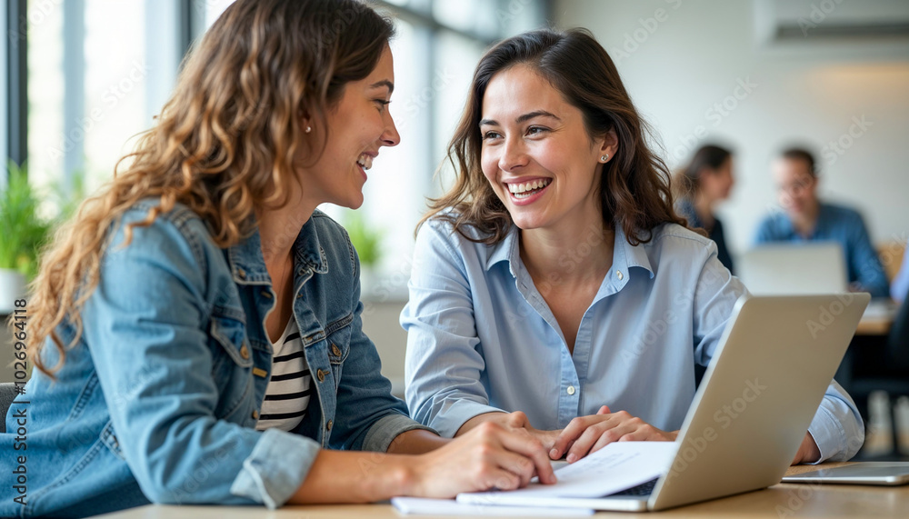 Young Professionals Collaborating and Smiling in a Modern Office Setting Young Professionals Collaborating and Smiling in a Modern Office Setting