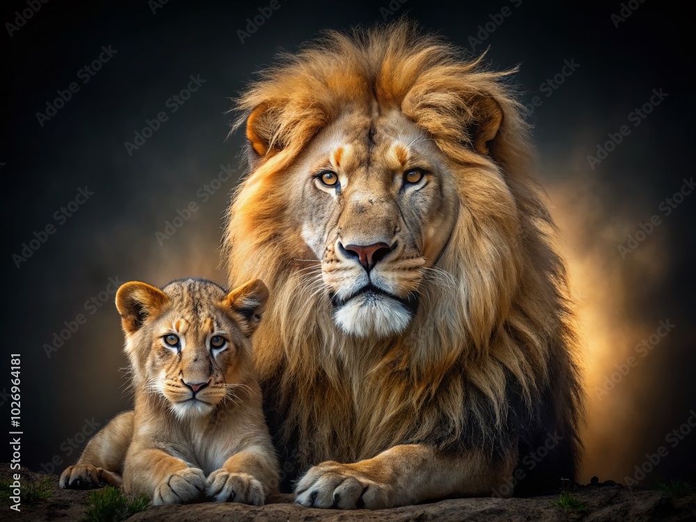 Majestic Male Lion with Baby Cub on Dark Background - Aerial Portrait Photography Majestic Male Lion with Baby Cub on Dark Background - Aerial Portrait Photography