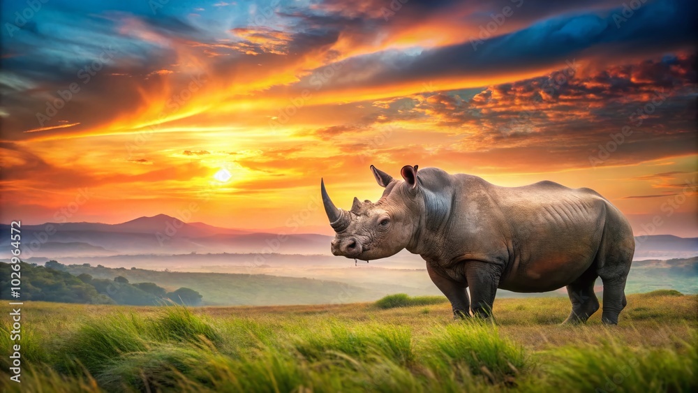 Fototapeta premium Majestic Rhino at Sunrise in Serene Landscape – Perfect for Nature Lovers and Wildlife Enthusiasts