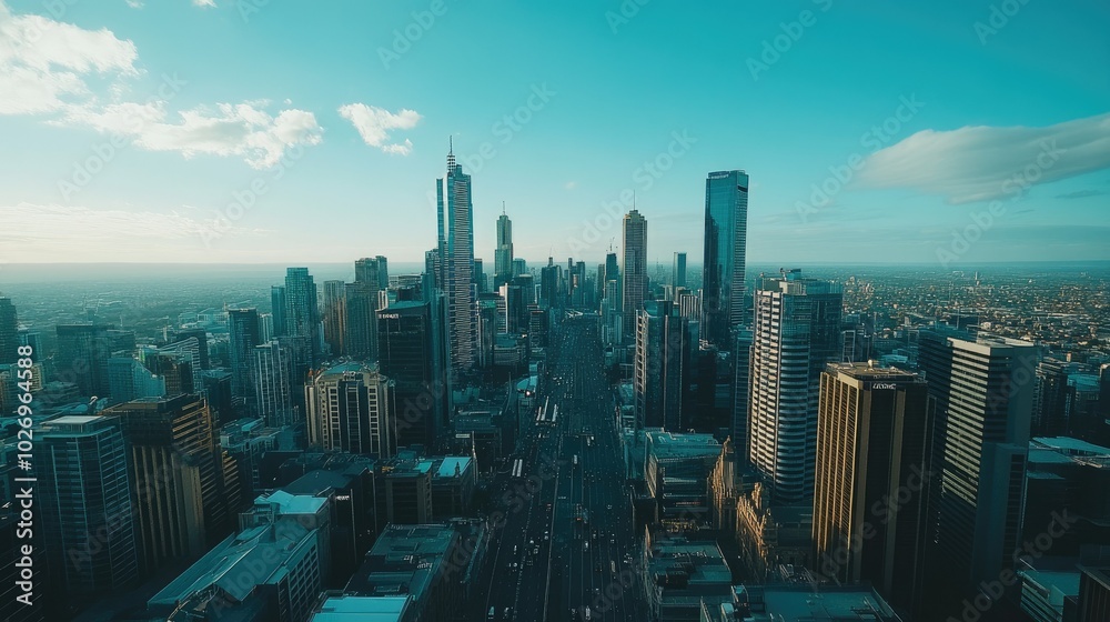 Fototapeta premium A panoramic view of the city of Melbourne from above, with its skyscrapers and busy streets