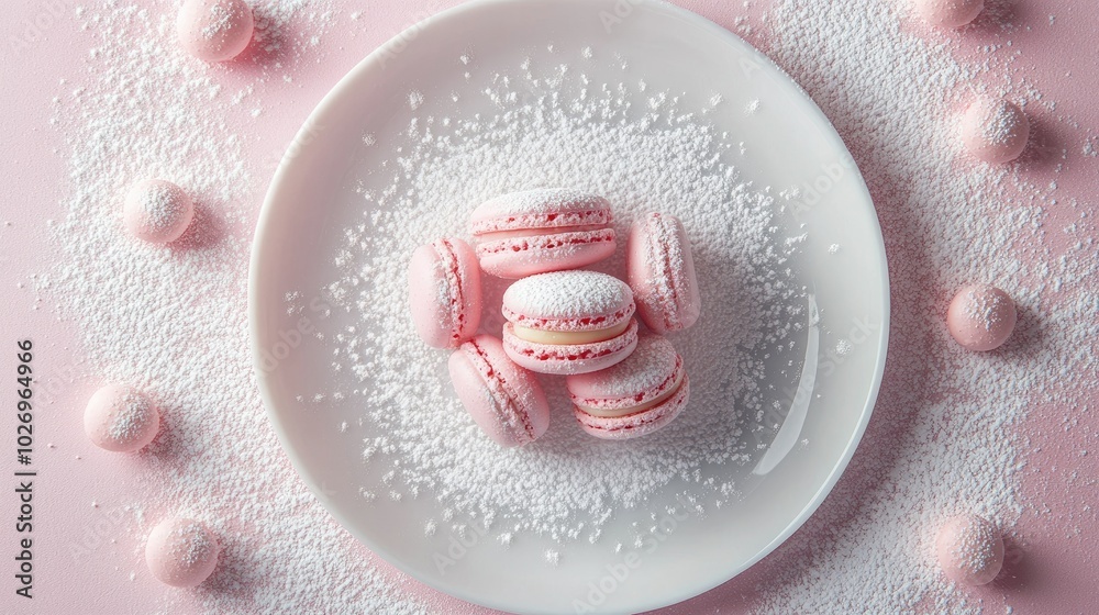 Obraz premium A pastel pink macaron neatly arranged on a white plate with powdered sugar dusted around it