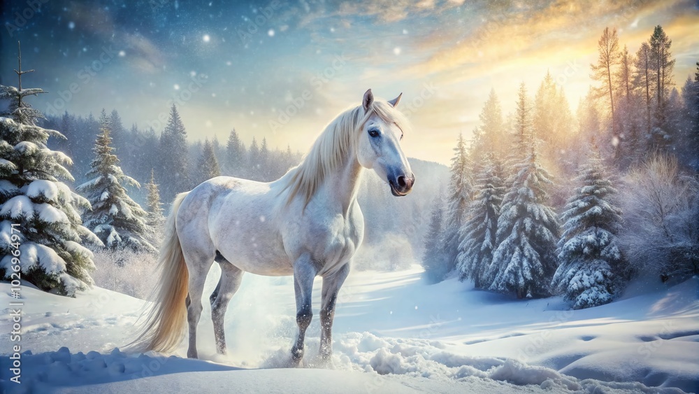 Majestic White Horse in Snowy Landscape – Winter Wonder Photography Majestic White Horse in Snowy Landscape – Winter Wonder Photography
